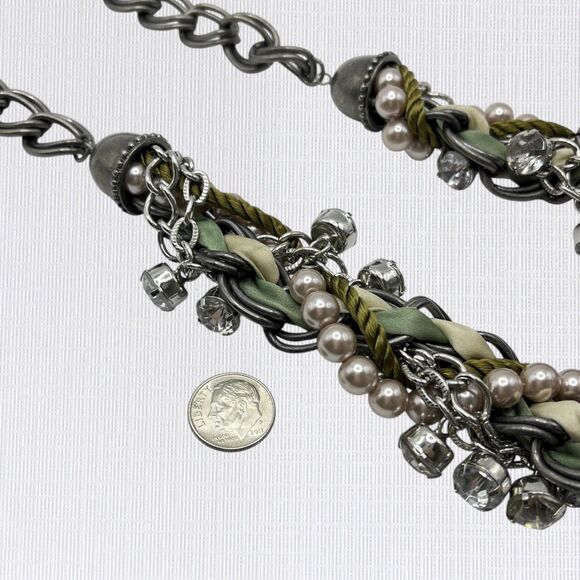 LOFT Chunky Rhinestone Statement Necklace Silver Tone Chain Ribbon Cord Braided - Picture 5 of 9